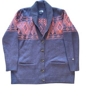 The North Face Fair Isle Pattern Cardigan Sweater Navy Blue‎ & Coral Button |V1